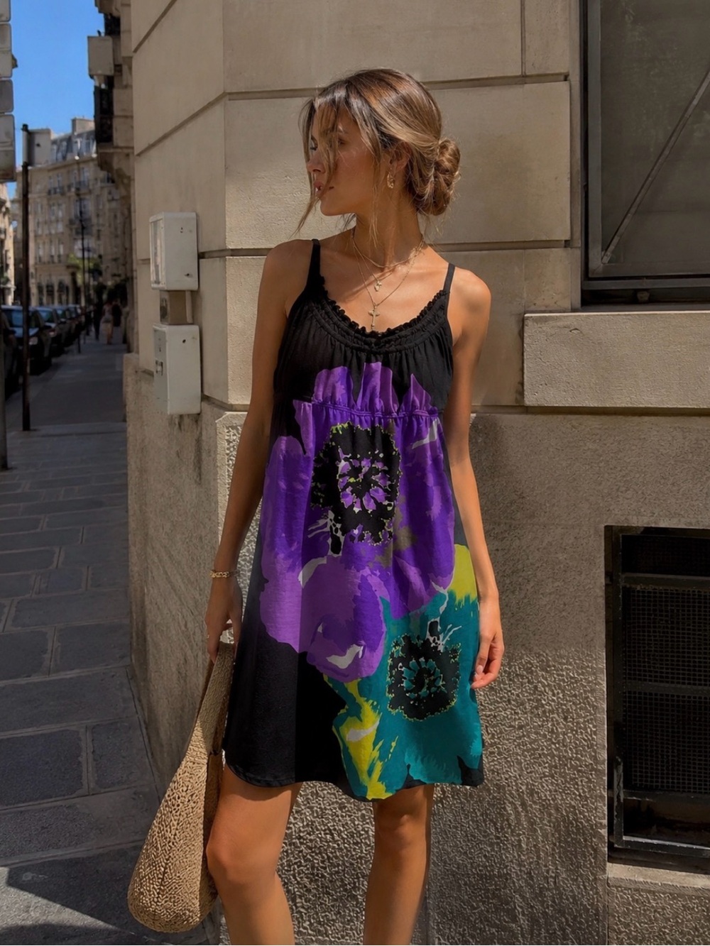 Vintage Black Slip Dress with Purple, Teal & Yellow Floral Print